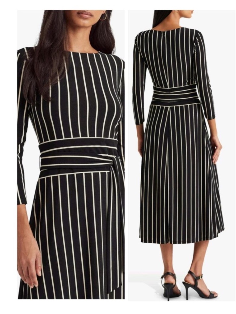 Lauren Ralph Lauren Black & White Striped Long Sleeve Midi Dress